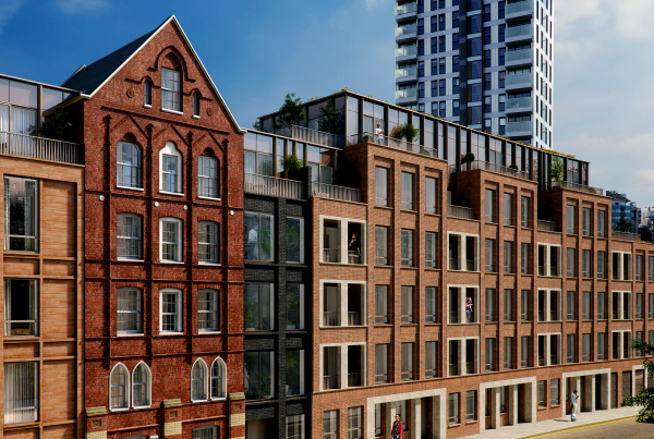 terraced buildings with london gherkin in the background