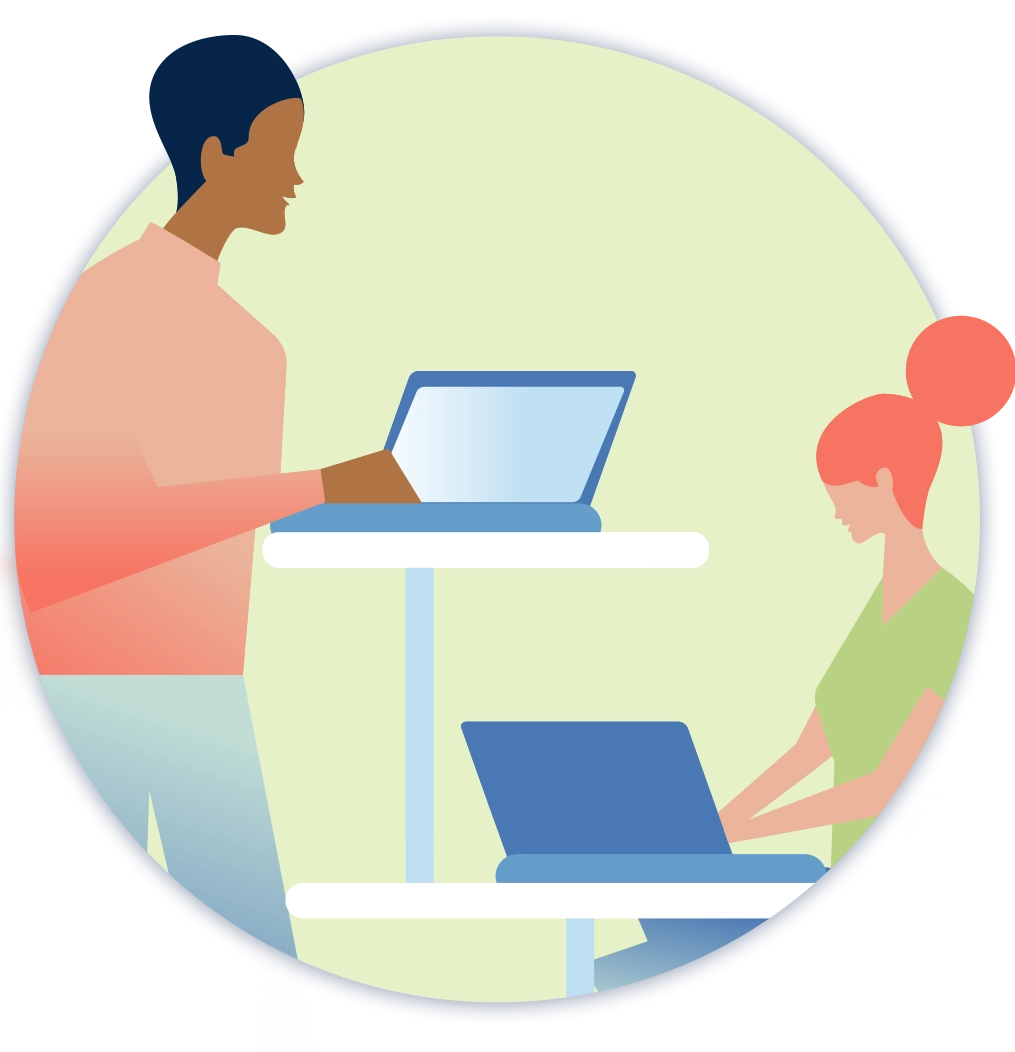 Illustration of 2 people on laptops in an office. One male figure standing, and on female figure sitting.