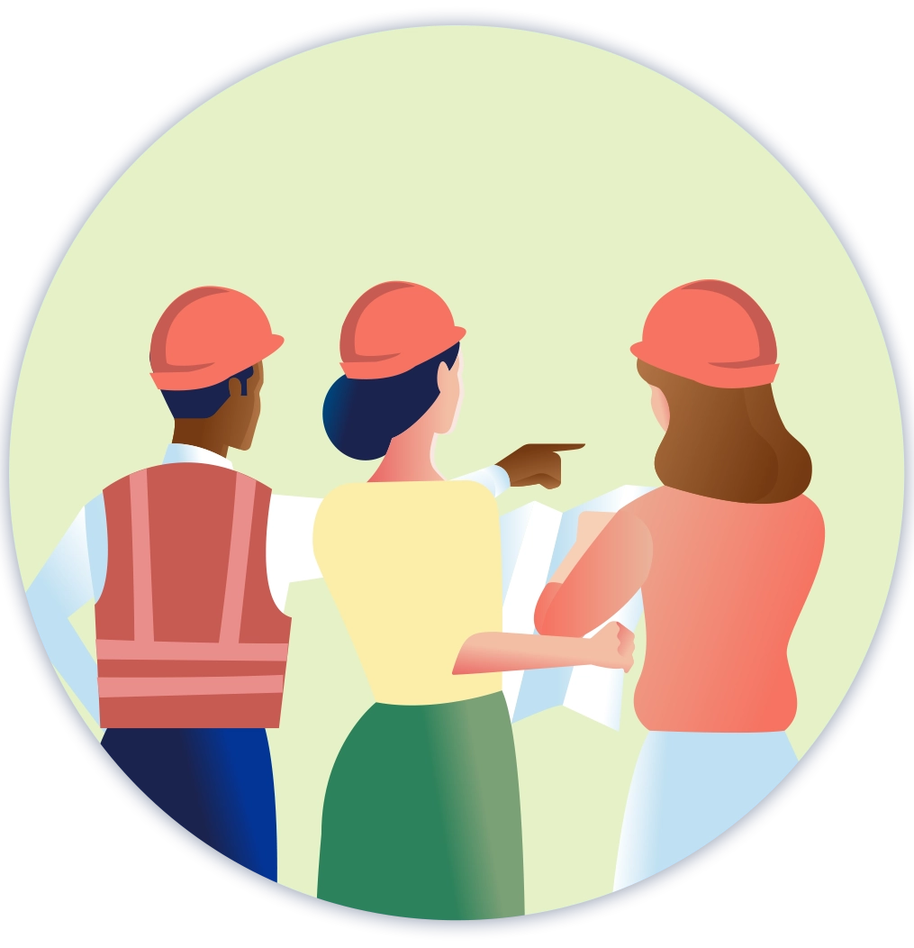 man and two women in hard hats.