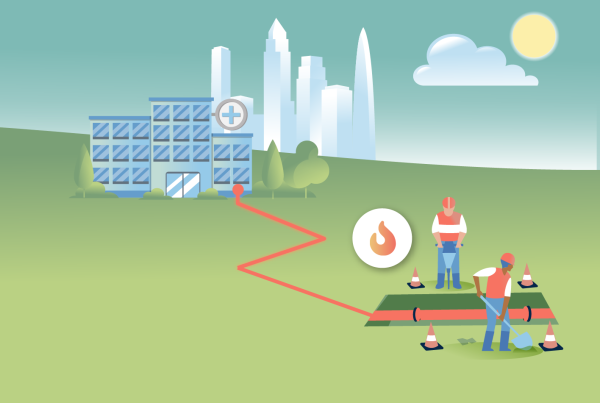 Illustration of two work men digging, with a gas symbol, with pipes going towards a hospital