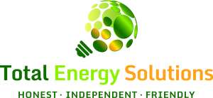 Total energy solutions logo - dark green, light green, and orange text with a light bulb above