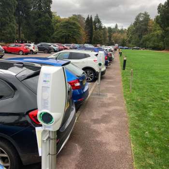 2 white EV chargers next to a row of parked cars, tree and greenery in the background