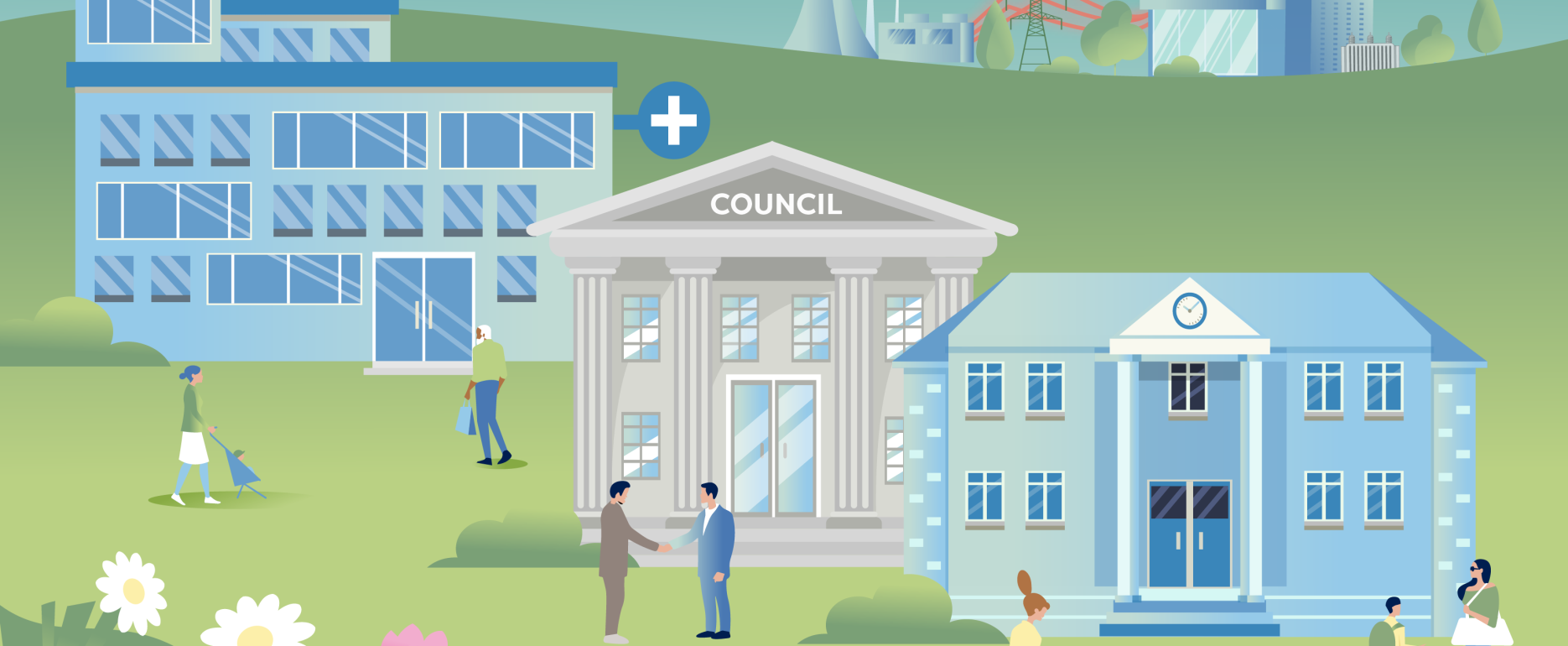 public sector header including hospital building, council building, and school building with people in front of each and the Stark cityscape in the background